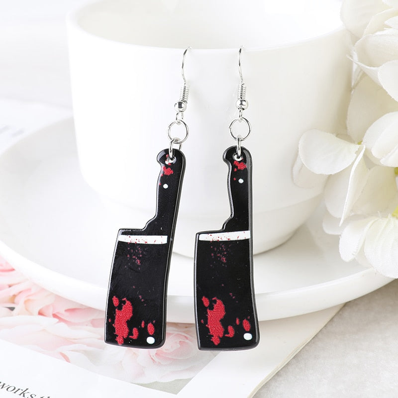 Women’s bloody black butcher knife earrings