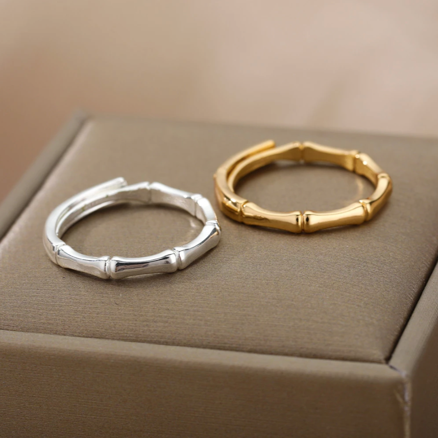 Women’s silver and gold bamboo adjustable rings