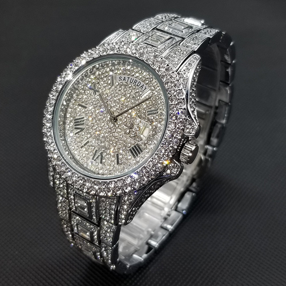 Diamond Studded Men’s Silver Watch