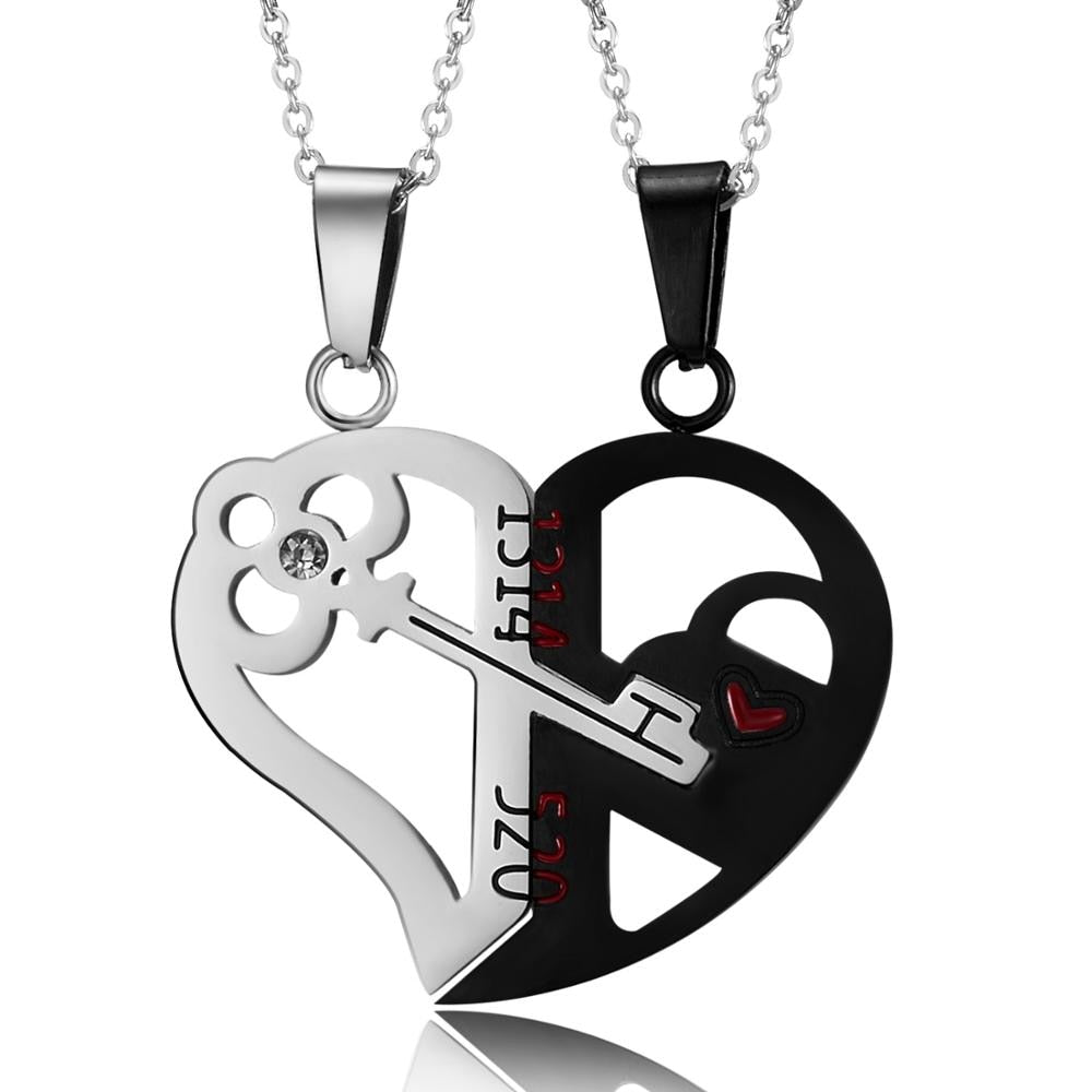 Couple’s heart lock and key necklace