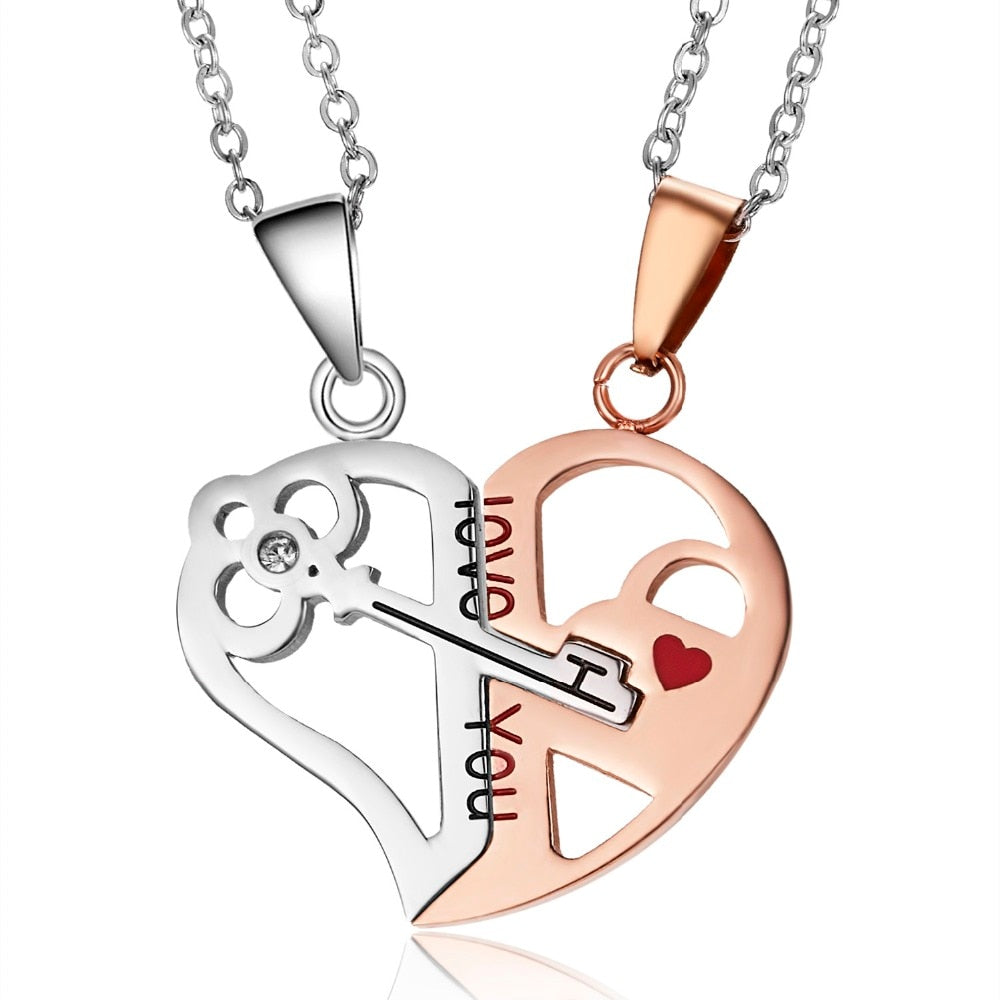 Couple’s heart lock and key necklace