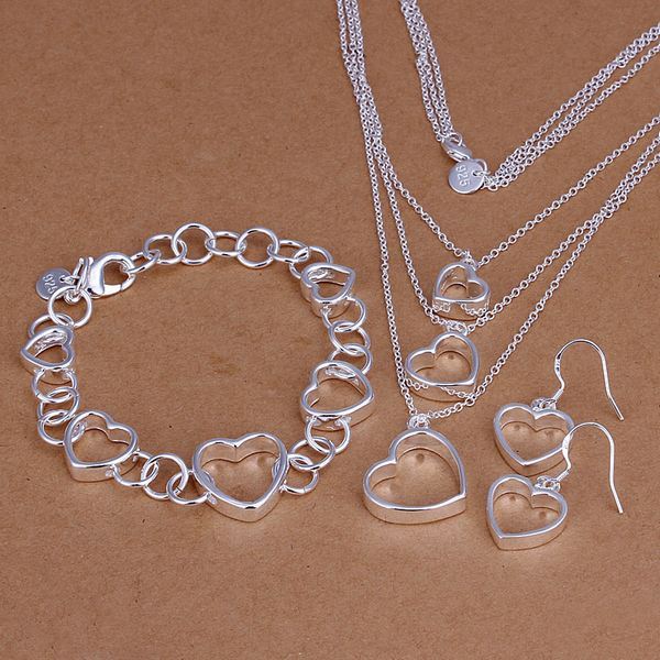 Silver heart necklace, bracelet and earrings set