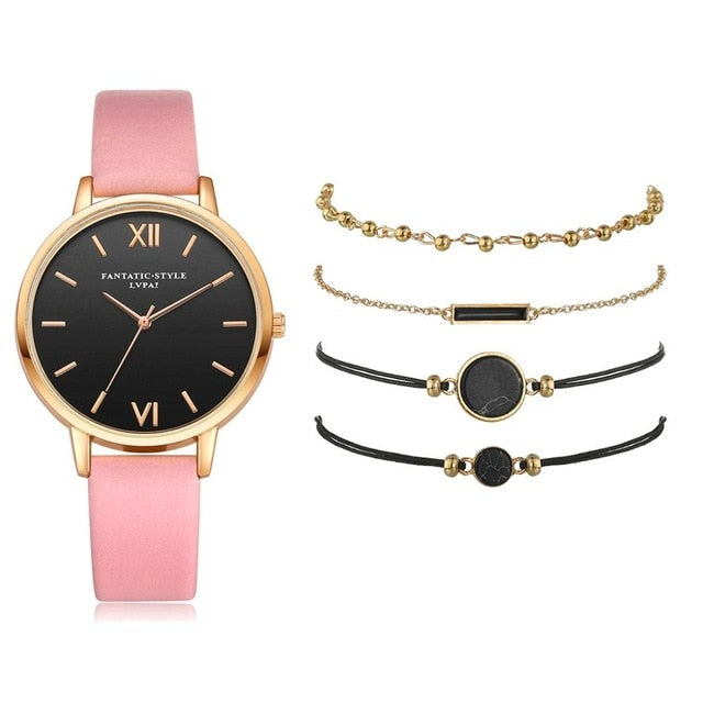 5 piece pink watch and bracelet set