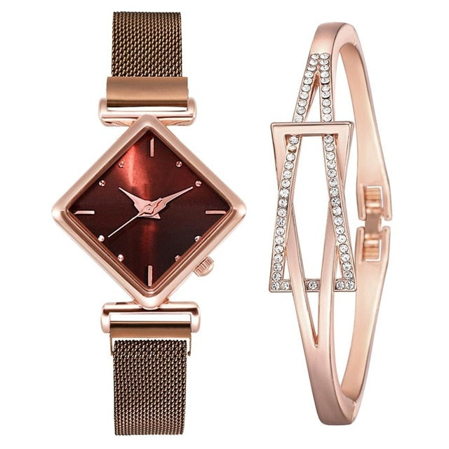 Women’s red and brown watch and bracelet set