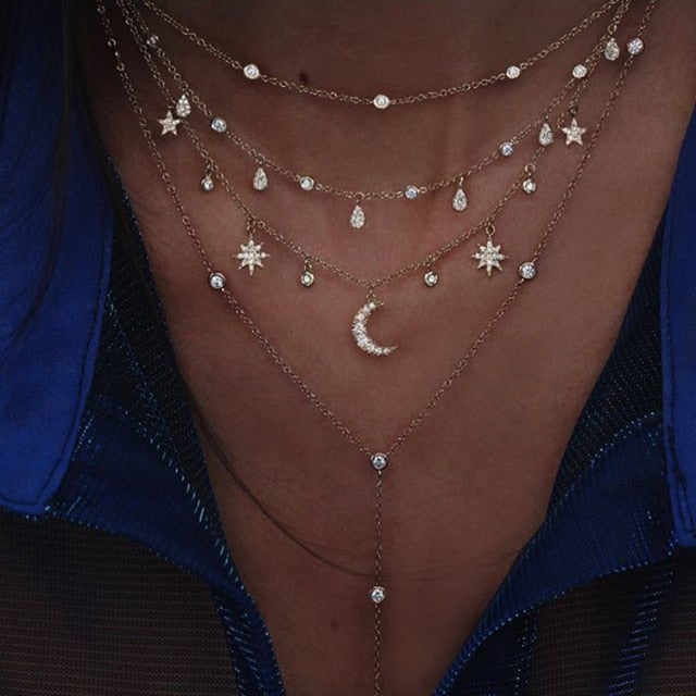 Women’s multilayered moon and star necklace