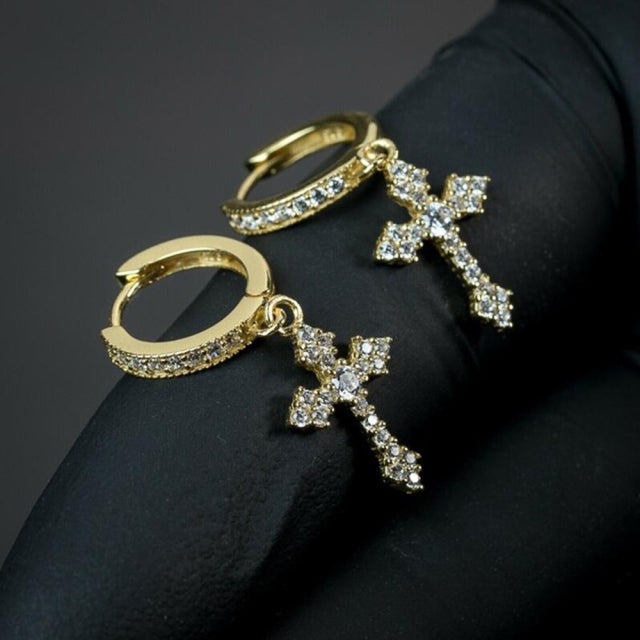 Men’s diamond gold cross earrings