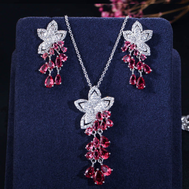 Women’s red diamond necklace and earrings set