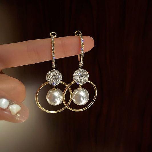 Oversized pearl hoop drop earrings