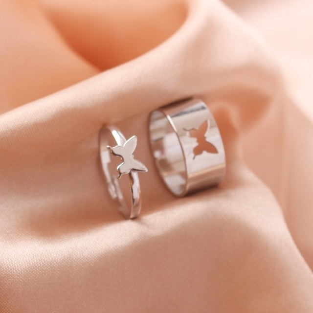 Couple’s matching silver butterfly ring set