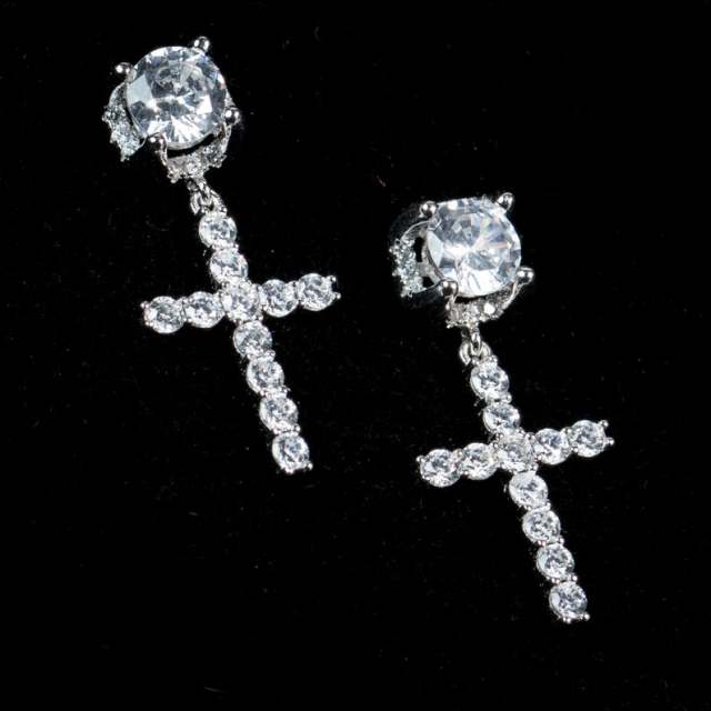 Men’s diamond silver cross earrings